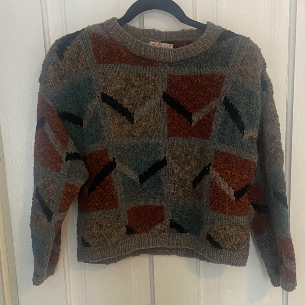 Handmade Cropped Geometric Patterned Sweater - Multicolor